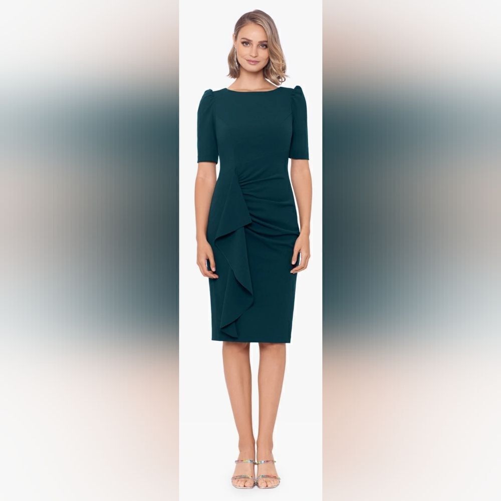 Xscape Evenings Sloane Scuba Crepe Side Ruffle Cocktail Dress NWT size 16 Green